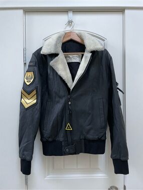 Boda Skins Black Leather Bomber Jacket with Cream Shearling Collar